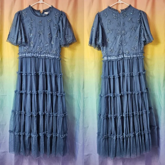 Ivy City Co Blue Anastasia Tiered Beaded Embellished Tulle Maxi Dress Formal - Picture 3 of 13
